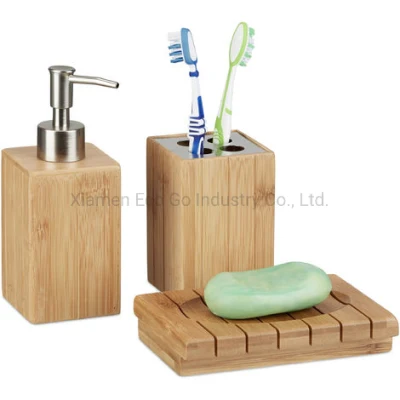 Set di 3 accessori da bagno in bambù, dispenser sapone, portasapone e portaspazzolino